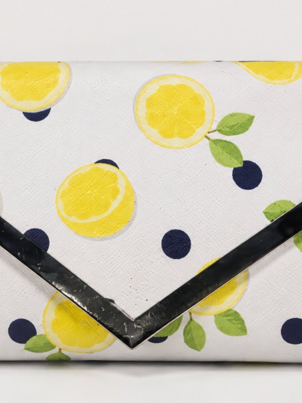 Lemon Print Envelope Clutch Yellow White Navy Polka Dots